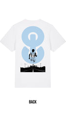 White t-shirt with blue graphic design on the back, featuring a silhouette of a person and a road.