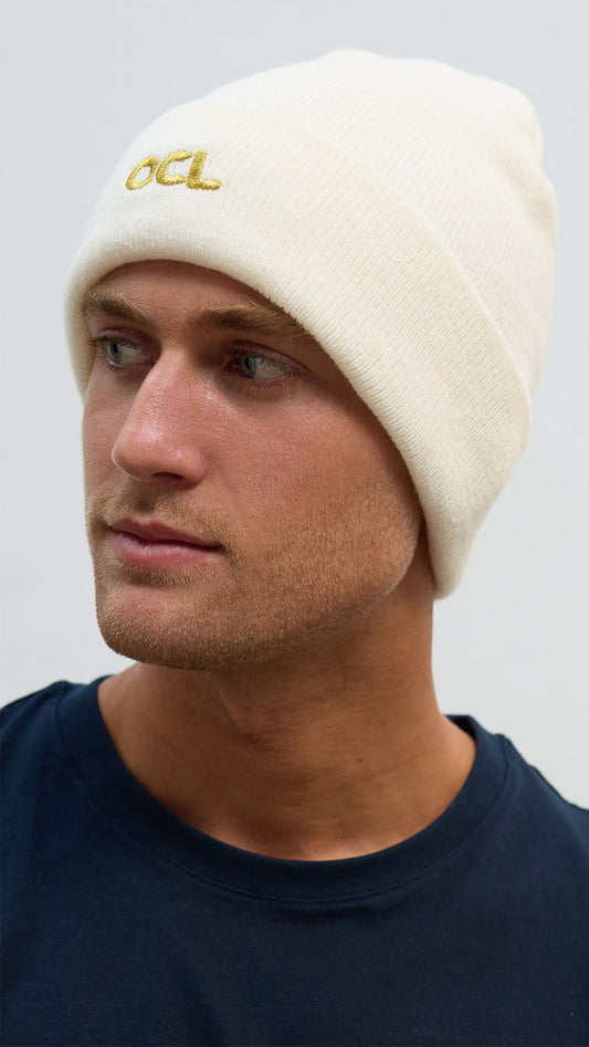 Off-white OCL knit beanie with gold embroidered logo