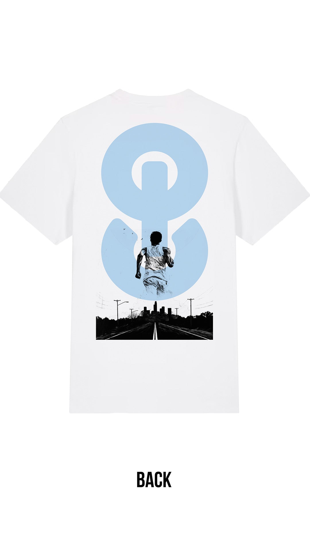 White t-shirt with blue graphic design on the back, featuring a silhouette of a person and a road.