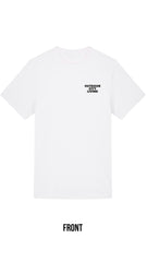 White t-shirt with text on the back on a white background