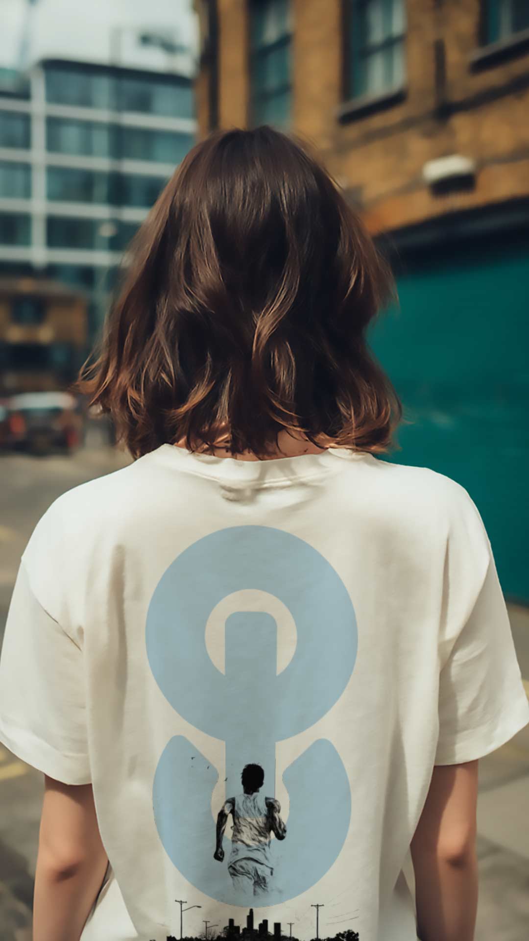 Person wearing a white t-shirt with a blue graphic on the back, standing in an urban setting.